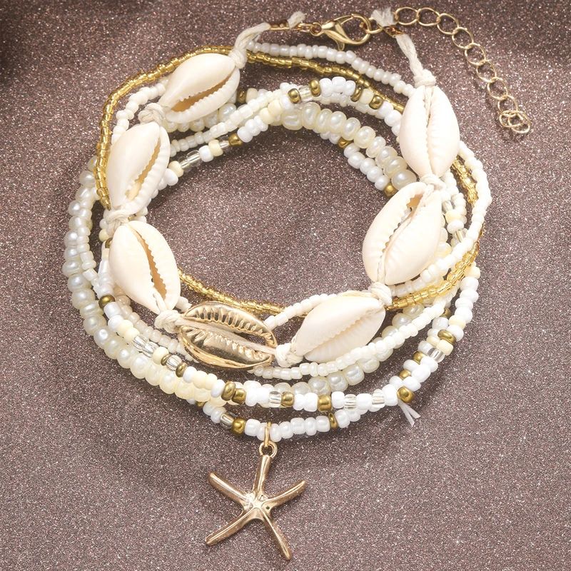 Bohemian Rice Beads Anklet Set - Starfish Pendant, Sea Shell Multilayer Foot Jewelry