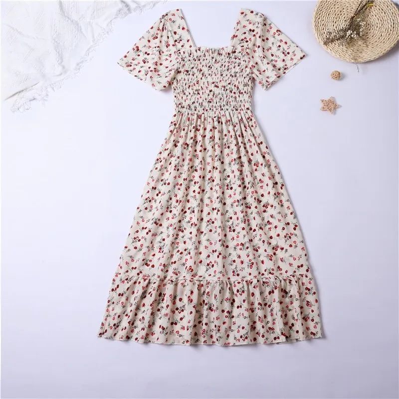 Women’s Spring Summer Chiffon Midi Dress - Floral Print, Pleated, Backless with Elastic Waist