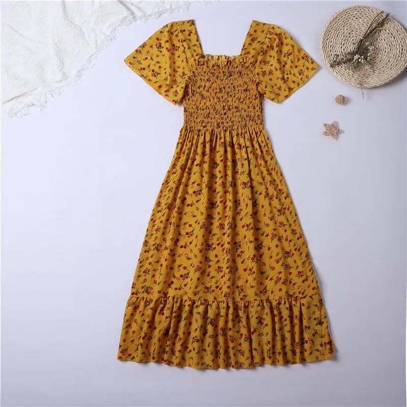 Women’s Spring Summer Chiffon Midi Dress - Floral Print, Pleated, Backless with Elastic Waist