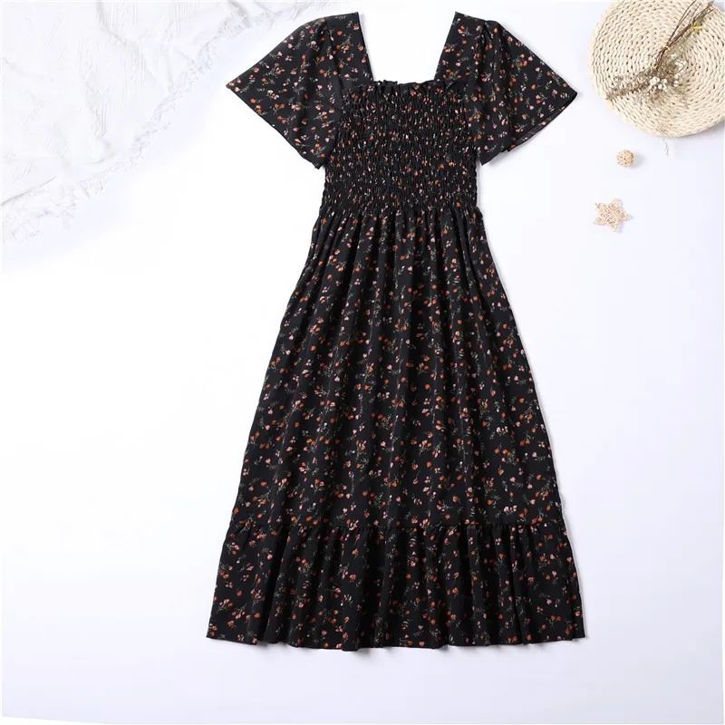 Women’s Spring Summer Chiffon Midi Dress - Floral Print, Pleated, Backless with Elastic Waist