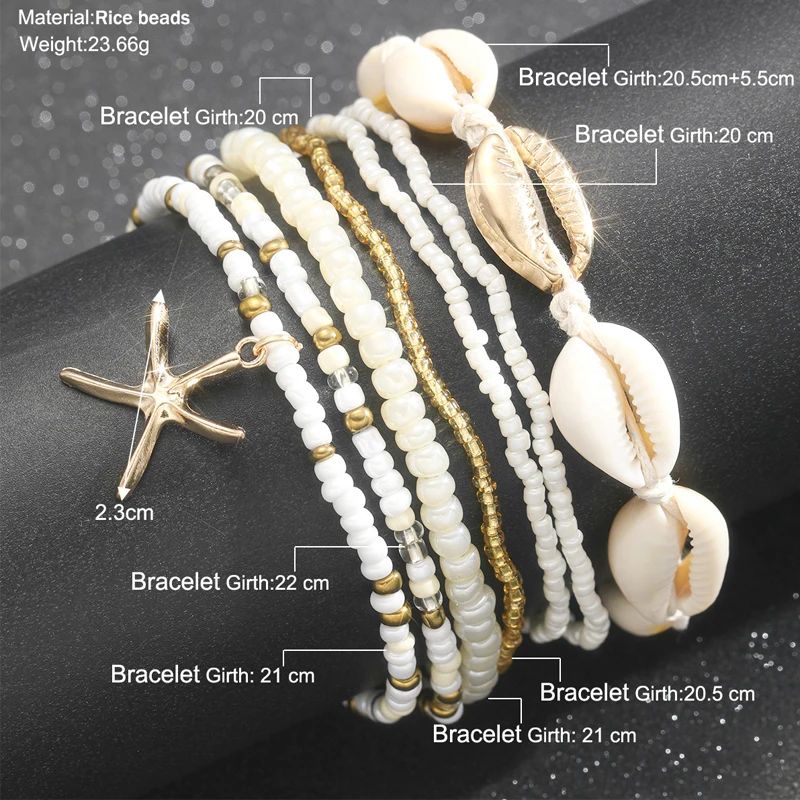 Bohemian Rice Beads Anklet Set - Starfish Pendant, Sea Shell Multilayer Foot Jewelry