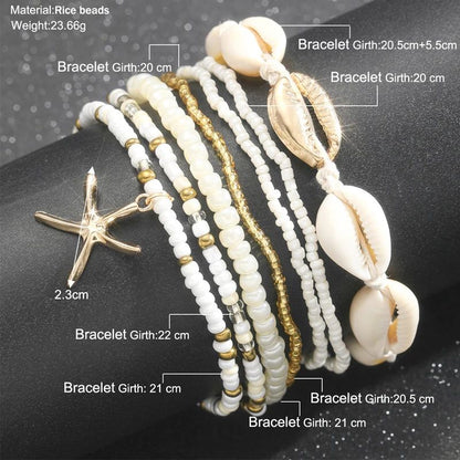 Bohemian Rice Beads Anklet Set - Starfish Pendant, Sea Shell Multilayer Foot Jewelry