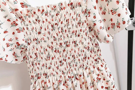 Women’s Spring Summer Chiffon Midi Dress - Floral Print, Pleated, Backless with Elastic Waist