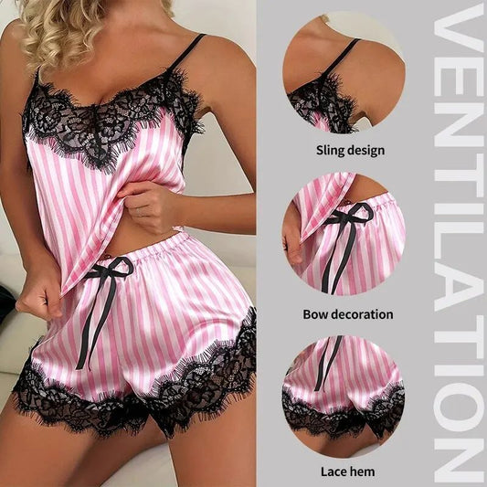 Women's V-Neck Lace Suspender Pajama Set - Sexy Sleeveless Shorts Sleepwear