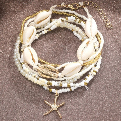 Bohemian Rice Beads Anklet Set - Starfish Pendant, Sea Shell Multilayer Foot Jewelry