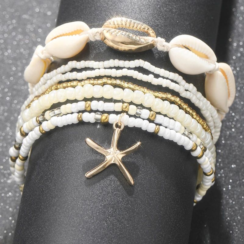 Bohemian Rice Beads Anklet Set - Starfish Pendant, Sea Shell Multilayer Foot Jewelry