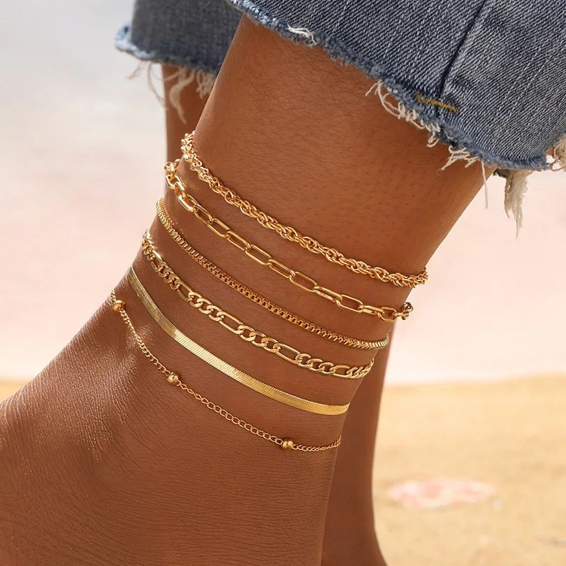 Bohemian Rice Beads Anklet Set - Starfish Pendant, Sea Shell Multilayer Foot Jewelry