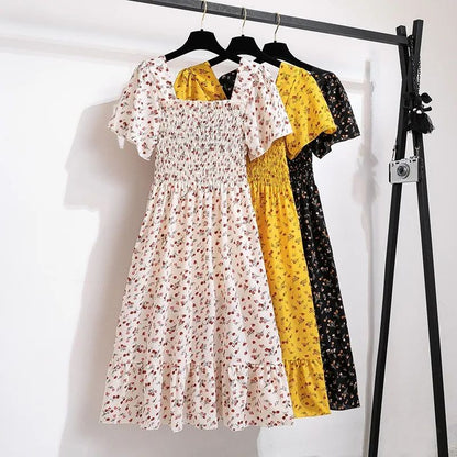 Women’s Spring Summer Chiffon Midi Dress - Floral Print, Pleated, Backless with Elastic Waist