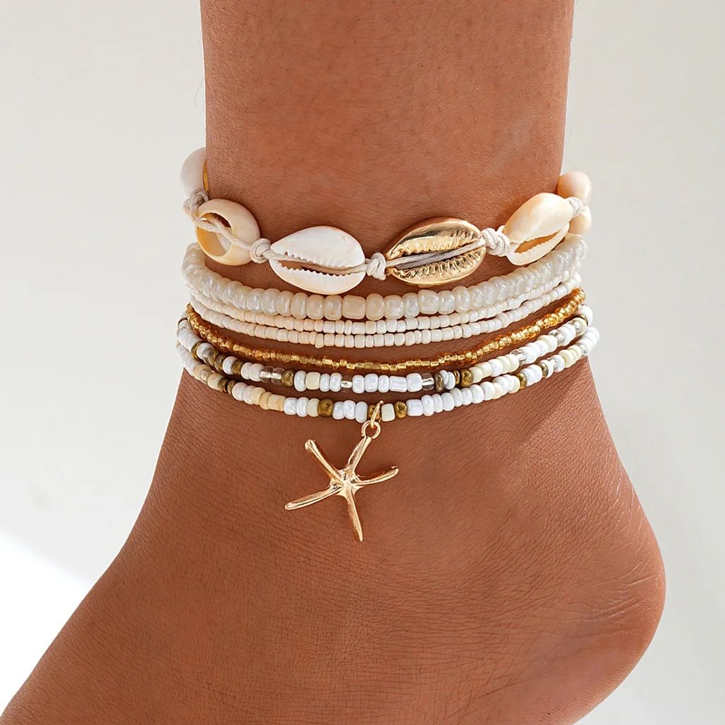 Bohemian Rice Beads Anklet Set - Starfish Pendant, Sea Shell Multilayer Foot Jewelry