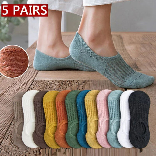 Women’s Summer Invisible No-Show Socks - Lace Breathable Cotton Boat Socks with Non-Slip Silicone